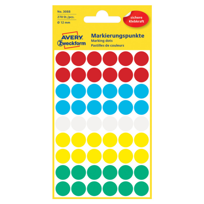 Etiket Avery 3088 rond 12mm assorti 270 stuks