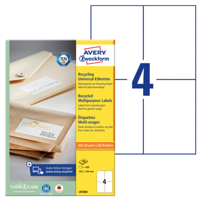Etiket Avery LR3483 105x148mm recycled wit 400 stuks