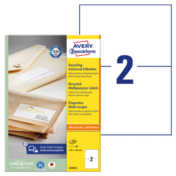 Etiket Avery LR3655 210x148mm recycled wit 200 stuks