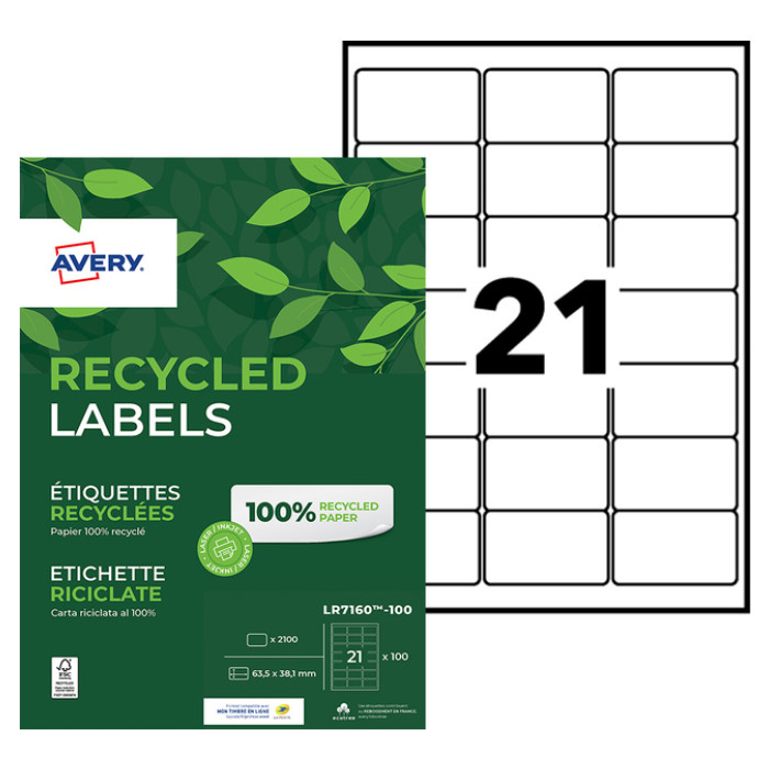 Etiket Avery LR7160-100 63.5x38.1mm recycled wit 2100 stuks