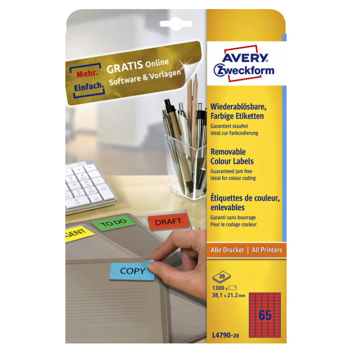 Etiket Avery L4790-20 38.1x21.2mm rood 1300 stuks