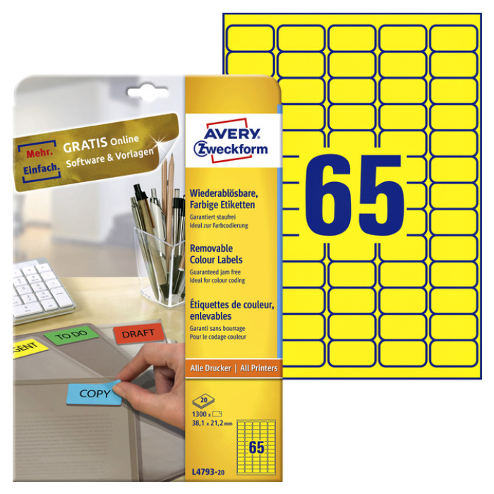 Etiket Avery L4793-20 38.1x21.2mm geel 1300 stuks