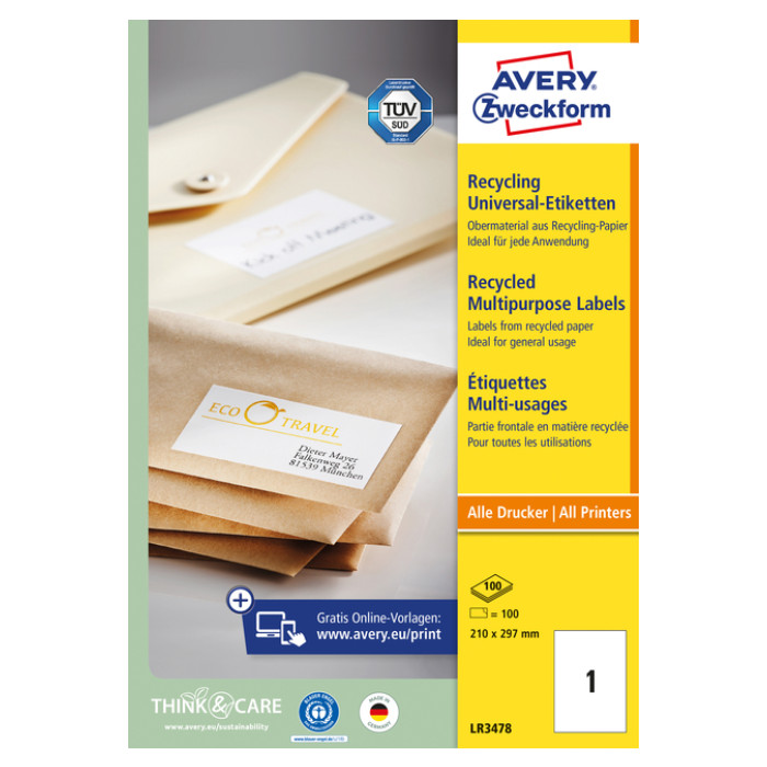 Etiket Avery LR3478 210x297mm A4 recycled wit 100 stuks