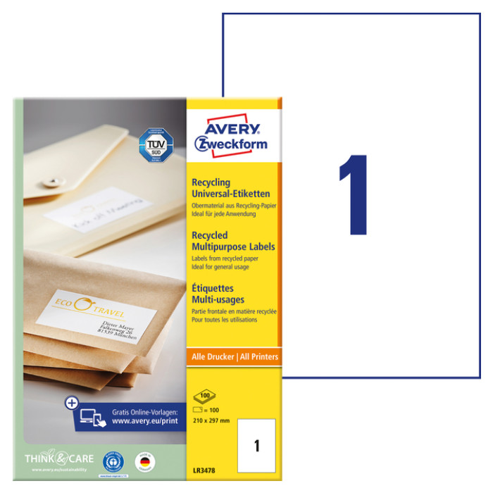 Etiket Avery LR3478 210x297mm A4 recycled wit 100 stuks