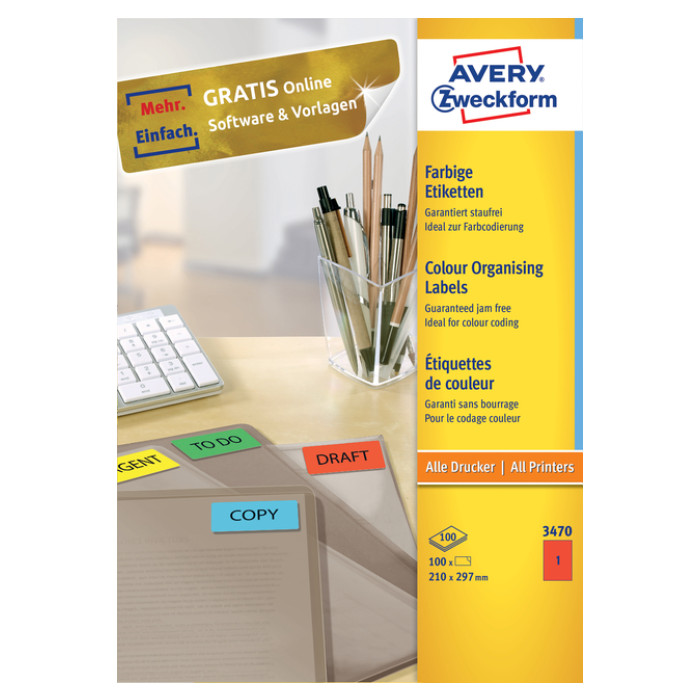Etiket Avery 3470 210x297mm A4 rood 100 stuks