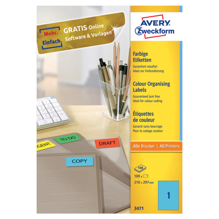 Etiket Avery 3471 210x297mm A4 blauw 100 stuks