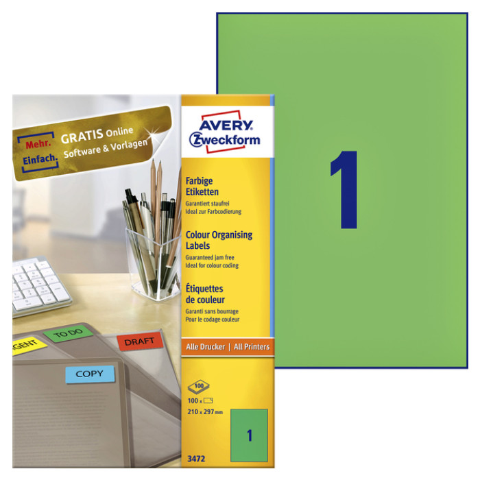 Etiket Avery 3472 210x297mm A4 groen 100 stuks