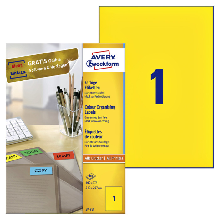 Etiket Avery 3473 210x297mm A4 geel 100 stuks