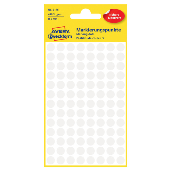 Etiket Avery 3175 rond 8mm wit 416 stuks