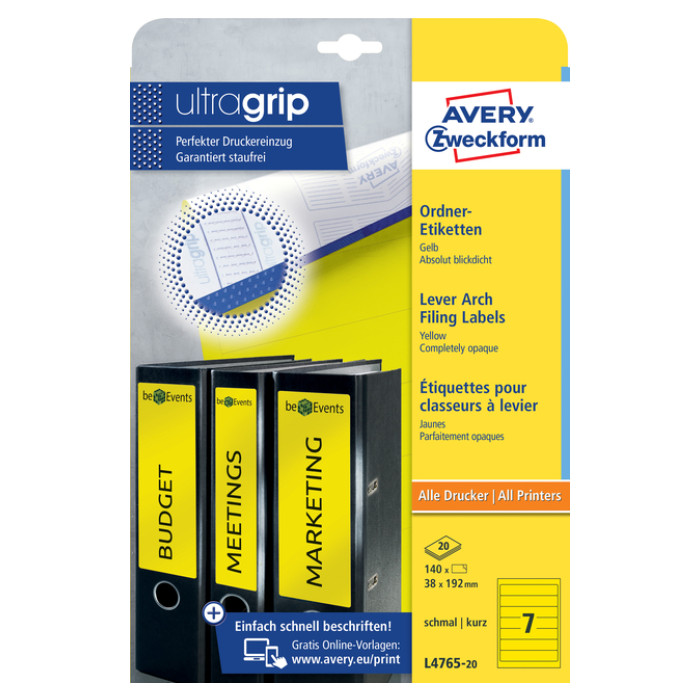 Rugetiket Avery smal 38x192mm zelfklevend geel