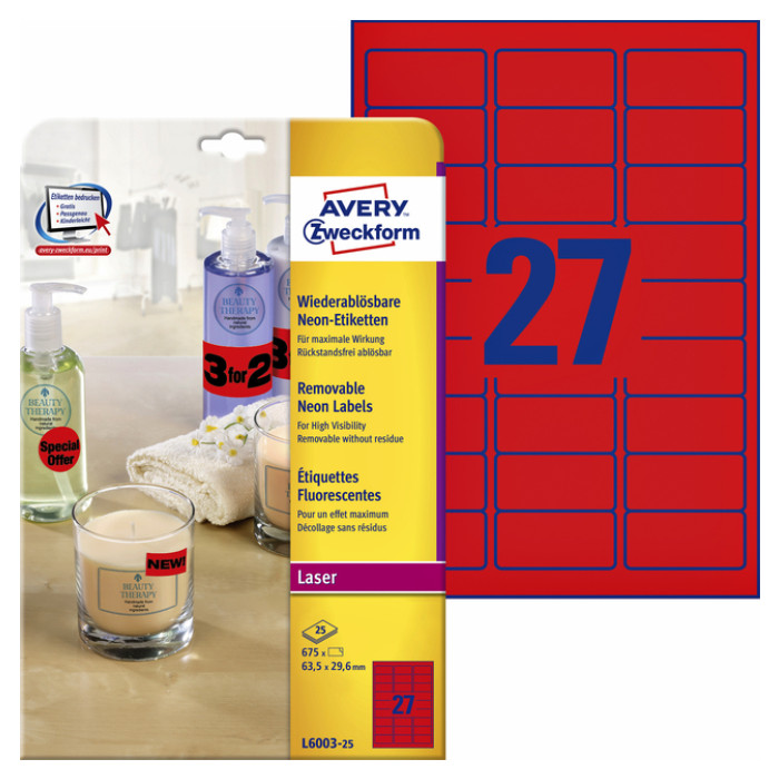 Etiket Avery L6003-25 63.5x29.6 neon rood 675 stuks