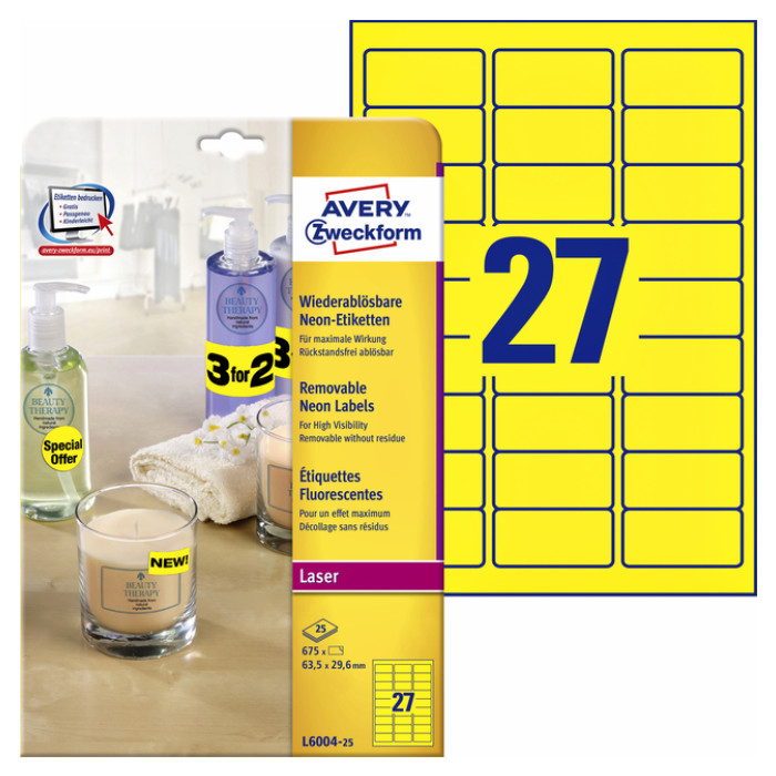 Etiket Avery L6004-25 63.5x29.6 neon geel 675 stuks