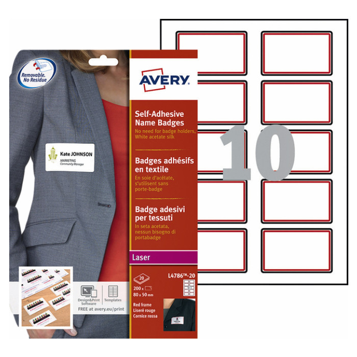 Naambadge etiket Avery L4786-20 80x50mm rood kader 200 stuks