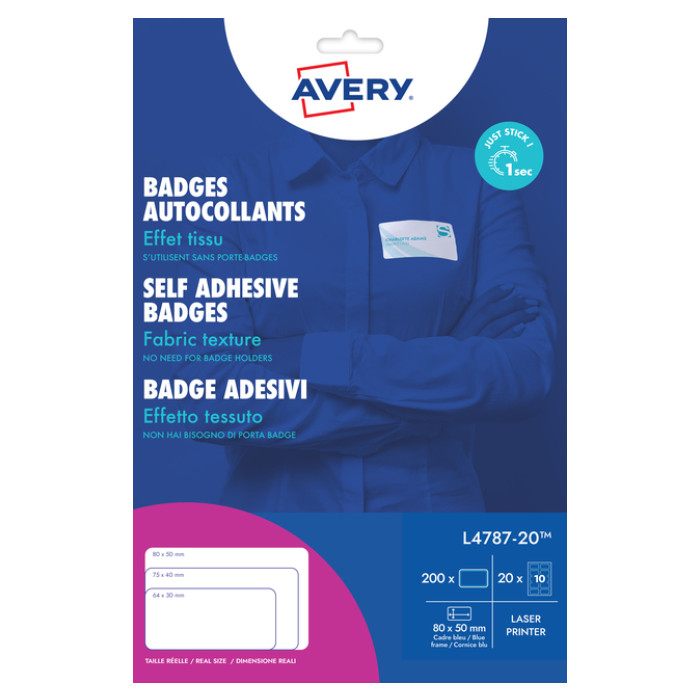 Naambadge etiket Avery L4787-20 80x50mm blauw kader 200 stuks