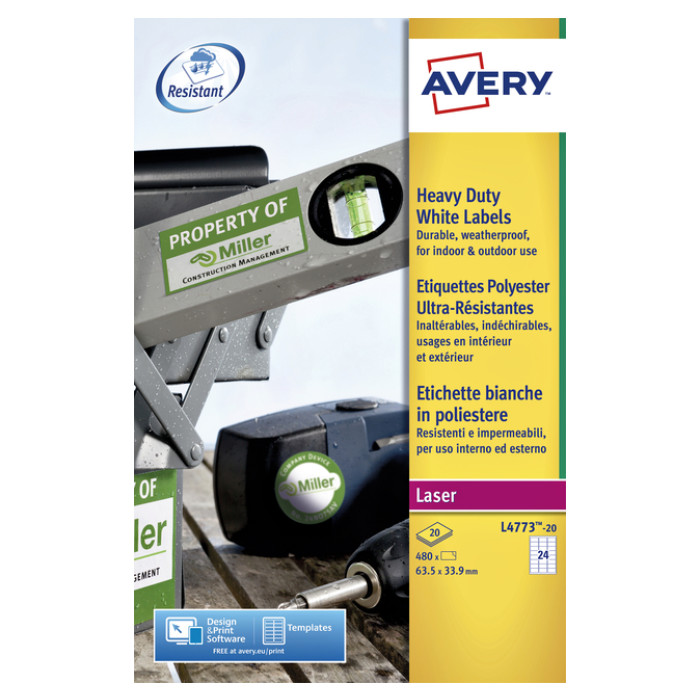 Etiket Avery L4773-20 63.5x33.9mm polyester wit 480 stuks