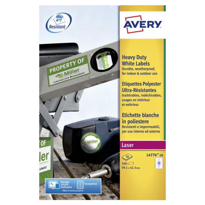 Etiket Avery L4776-20 99.1x42.3mm polyester wit 240 stuks