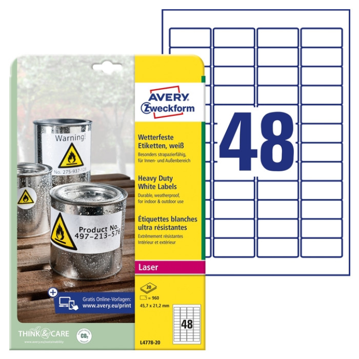 Etiket Avery L4778-20 45.7x21.2mm polyester wit 960 stuks