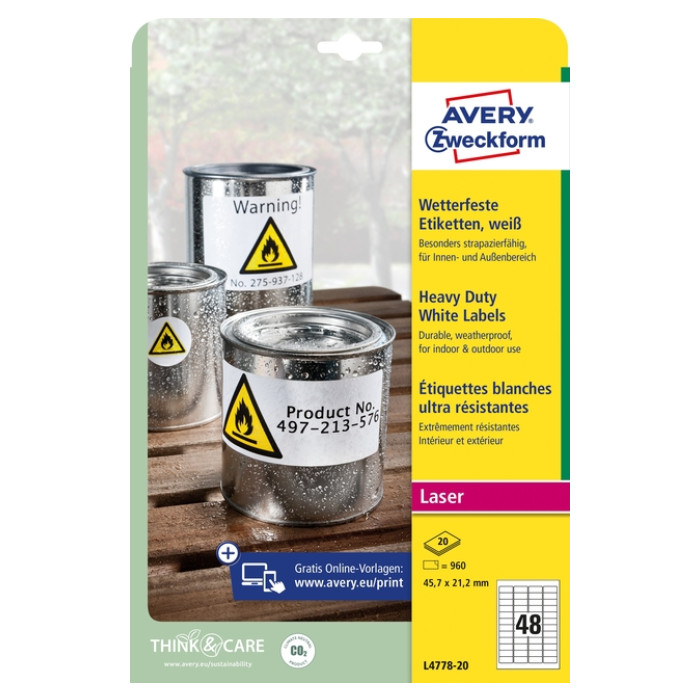 Etiket Avery L4778-20 45.7x21.2mm polyester wit 960 stuks
