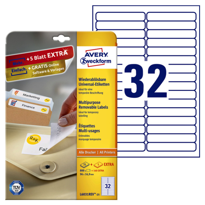 Etiket Avery L6031REV-25 96x16.9mm afneembaar wit 800 stuks