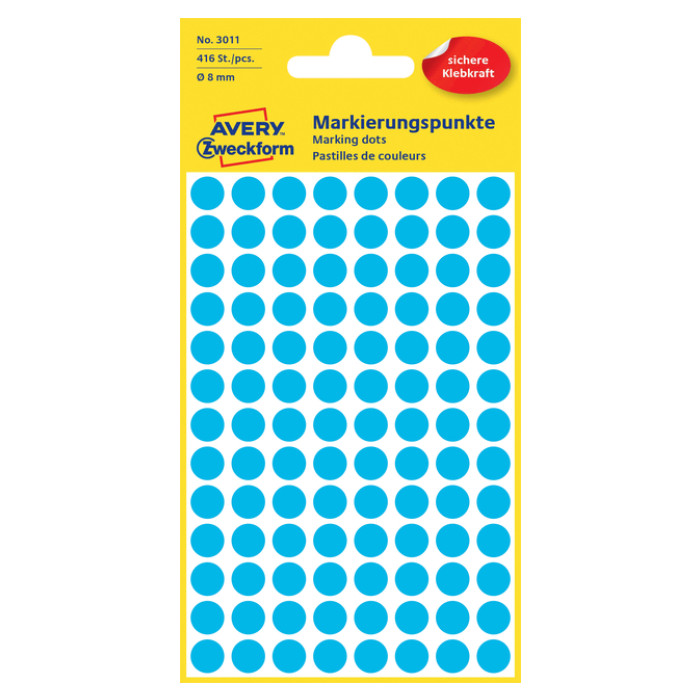 Etiket Avery 3011 rond 8mm blauw 416 stuks