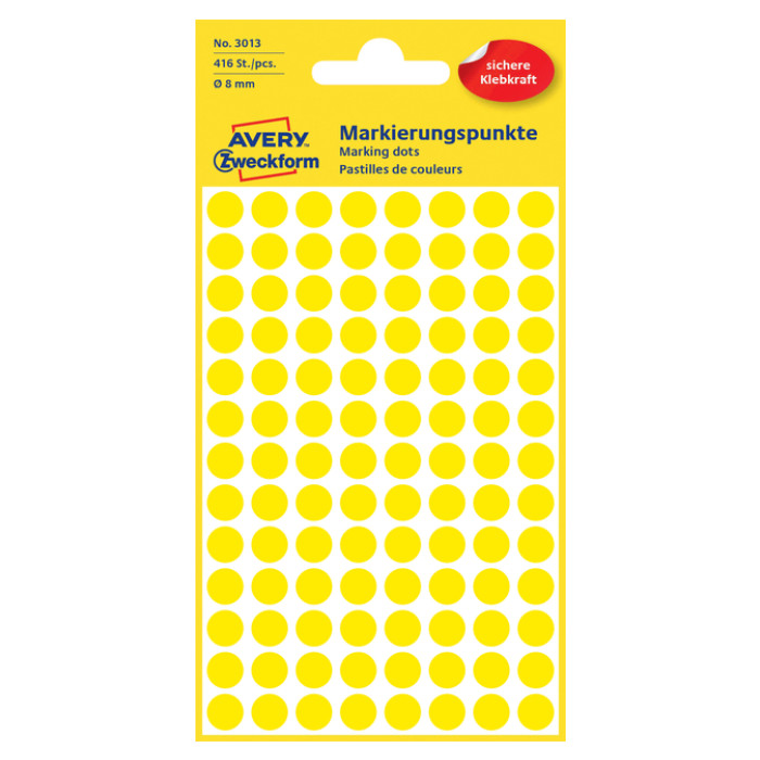 Etiket Avery 3013 rond 8mm geel 416 stuks