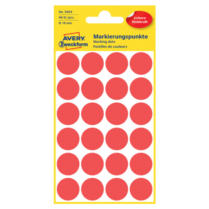 Etiket Avery 3004 rond 18mm rood 96 stuks