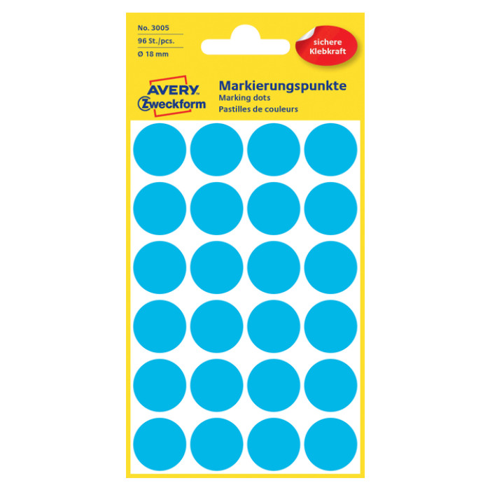Etiket Avery 3005 rond 18mm blauw 96 stuks