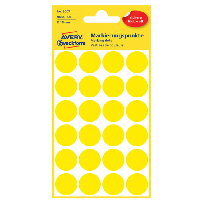 Etiket Avery 3007 rond 18mm geel 96 stuks