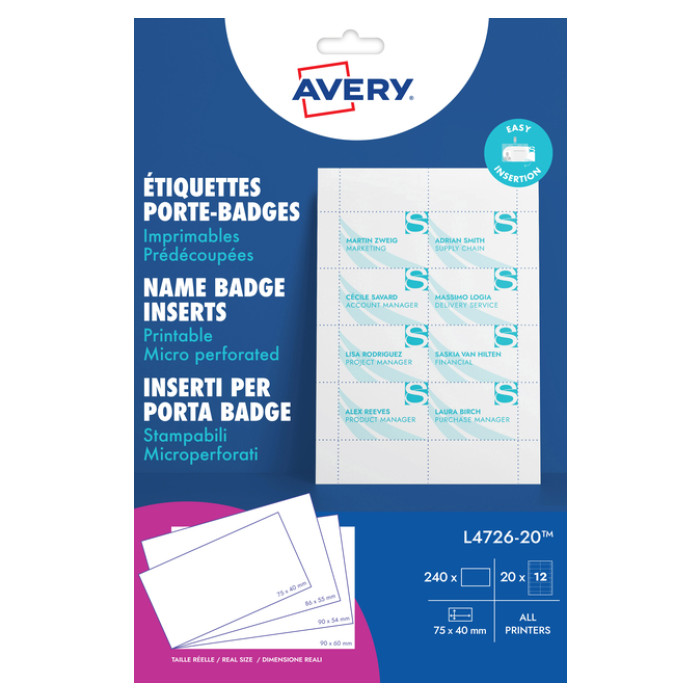 Badgekaart Avery L4726-20 40x75mm microperforatie 20 vel