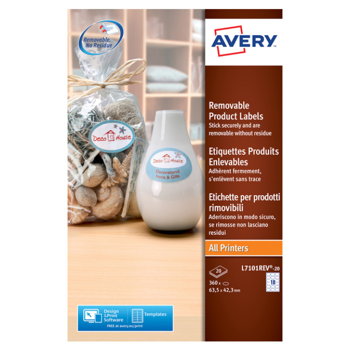 Etiket Avery L7101REV-20 63.5x42.3mm mat wit 360 stuks