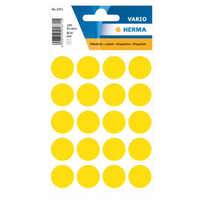 Etiket HERMA 1871 rond 19mm geel 100 stuks