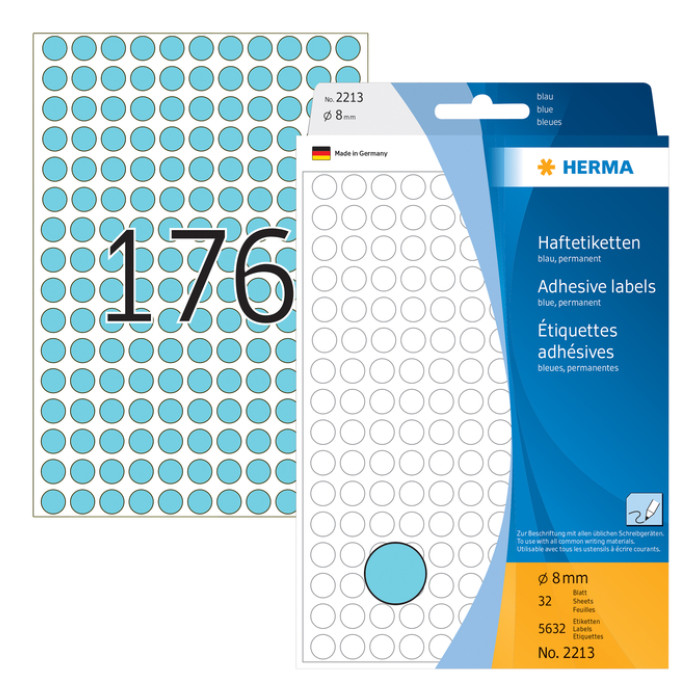Etiket HERMA 2213 rond 8mm blauw 5632 stuks