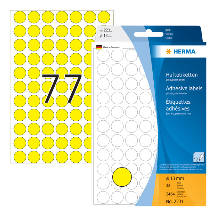 Etiket HERMA 2231 rond 13mm geel 2464 stuks