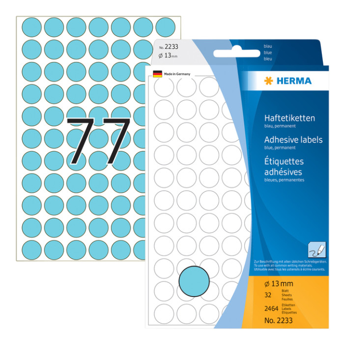 Etiket HERMA 2233 rond 13mm blauw 2464 stuks