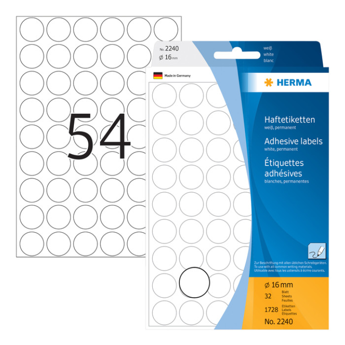 Etiket HERMA 2240 rond 16mm wit 1728 stuks