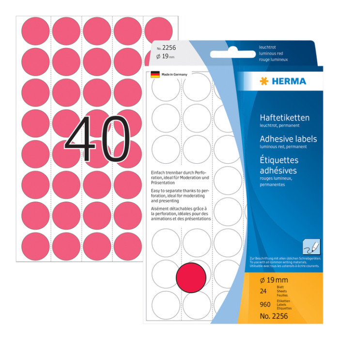 Etiket HERMA 2256 rond 19mm fluor rood 960 stuks