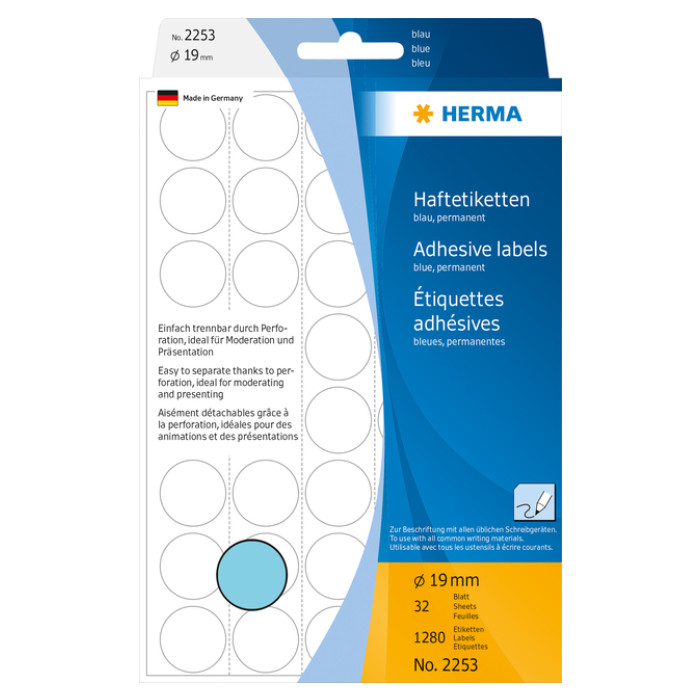 Etiket HERMA 2253 rond 19mm blauw 1280 stuks
