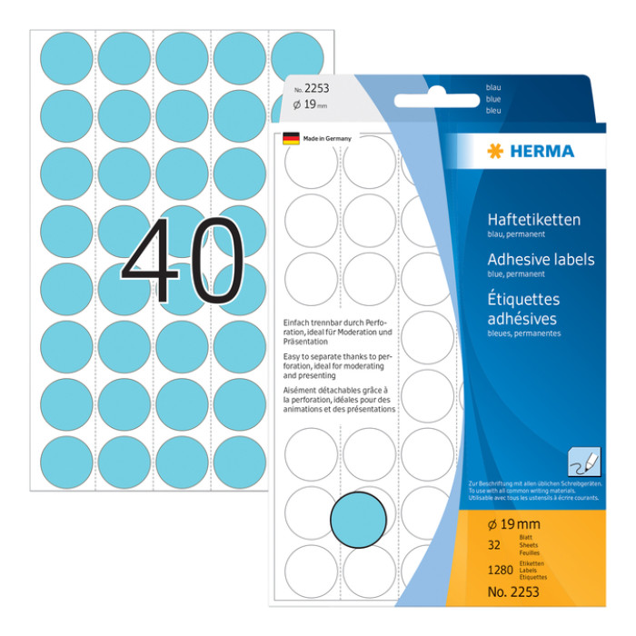 Etiket HERMA 2253 rond 19mm blauw 1280 stuks