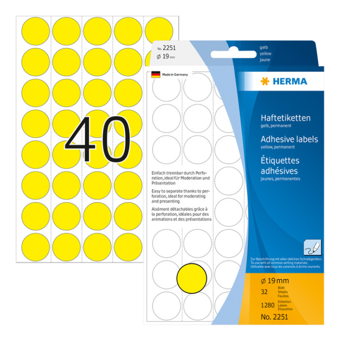 Etiket HERMA 2251 rond 19mm geel 1280 stuks