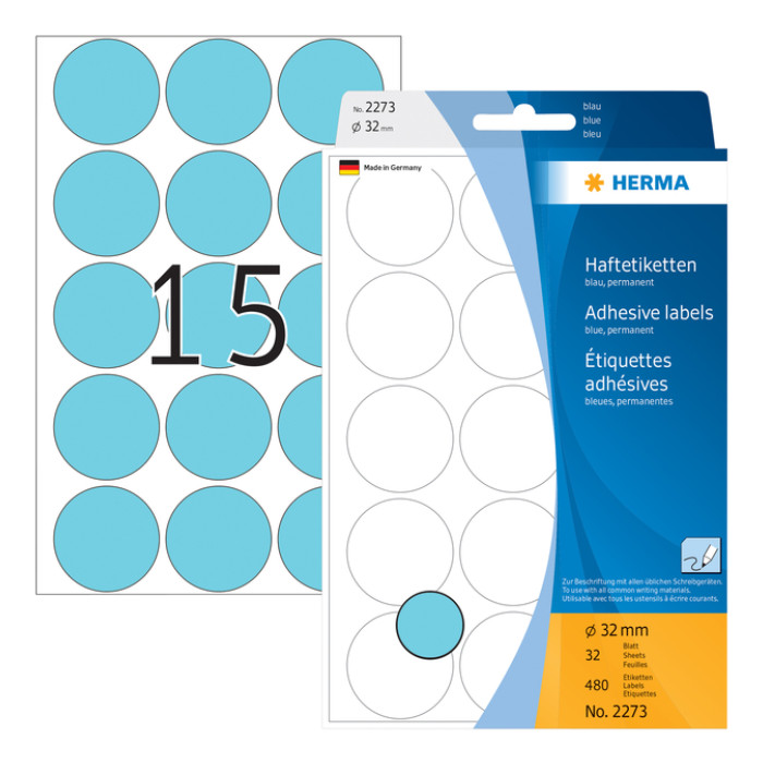Etiket HERMA 2273 rond 32mm blauw 480 stuks