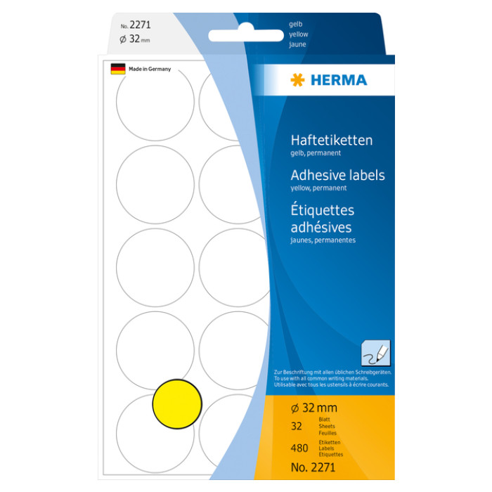 Etiket HERMA 2271 rond 32mm geel 480 stuks