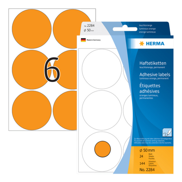 Etiket HERMA 2284 rond 50mm fluor oranje 144 stuks