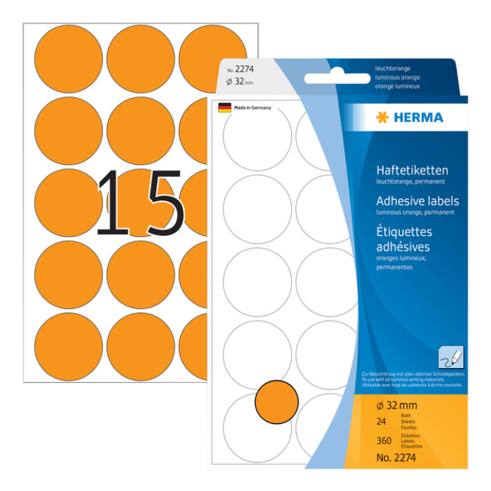 Etiket HERMA 2274 rond 32mm fluor oranje 360 stuks