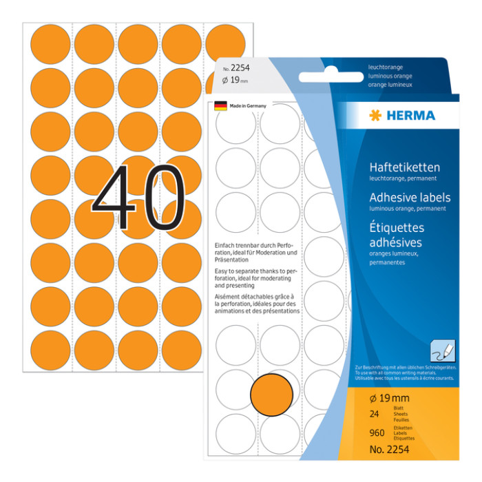 Etiket HERMA 2254 rond 19mm fluor oranje 960 stuks