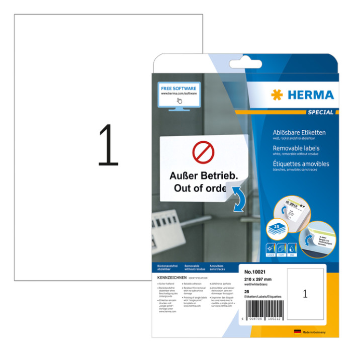 Etiket HERMA 10021 210x297mm A4 verwijderbaar wit 25 stuks