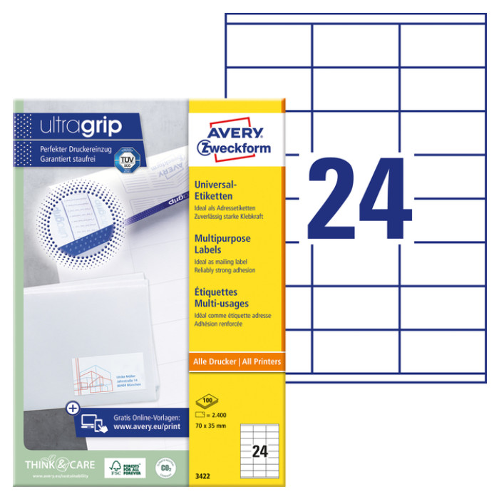Etiket Avery 3422 70x35mm wit 2400 stuks