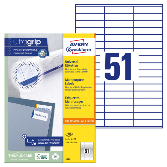 Etiket Avery 3420 70x16.9mm wit 5100 stuks