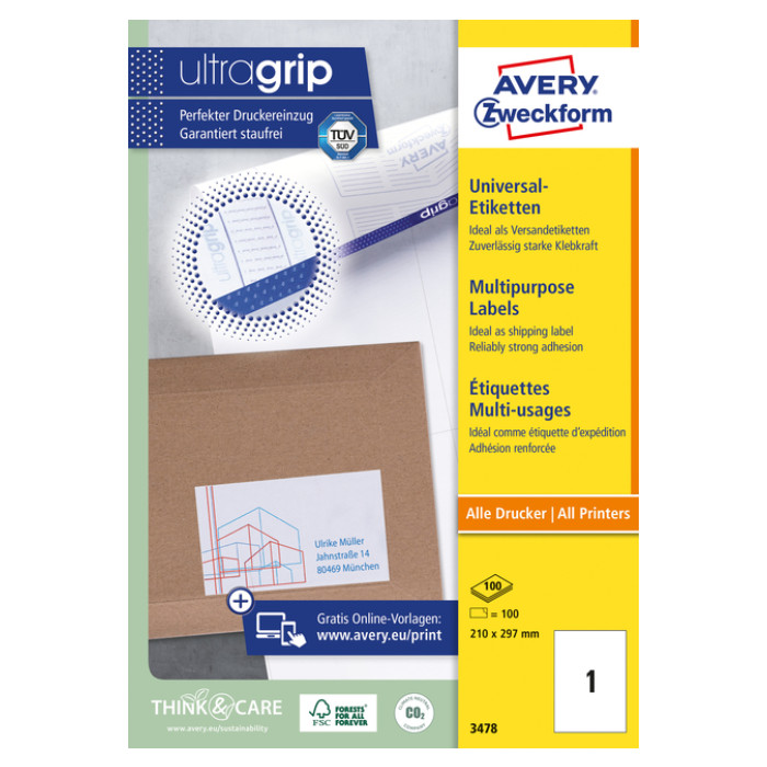 Etiket Avery 3478 210x297mm A4 wit 100 stuks