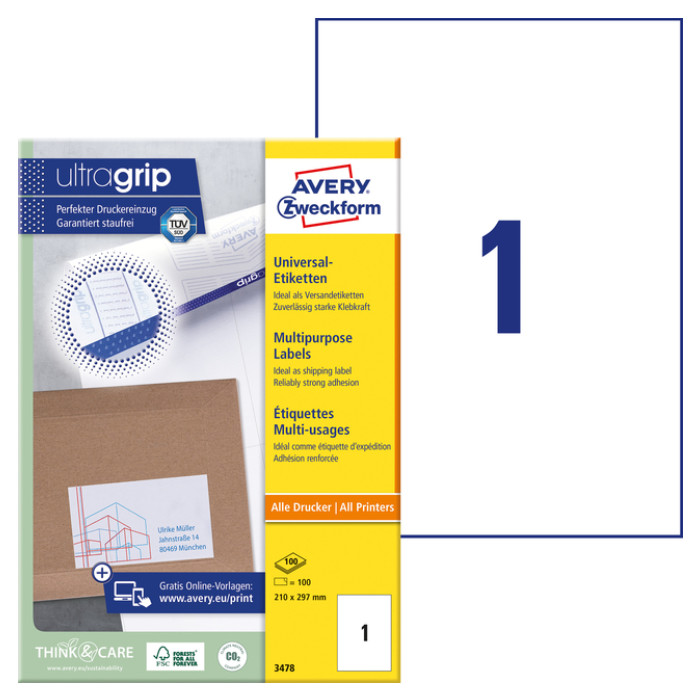 Etiket Avery 3478 210x297mm A4 wit 100 stuks