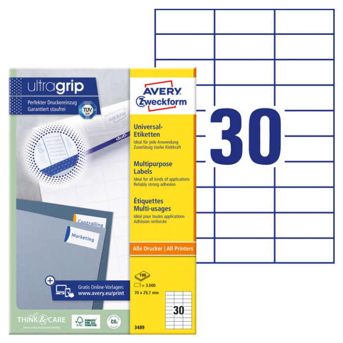 Etiket Avery 3489 70x29.7mm wit 3000 stuks